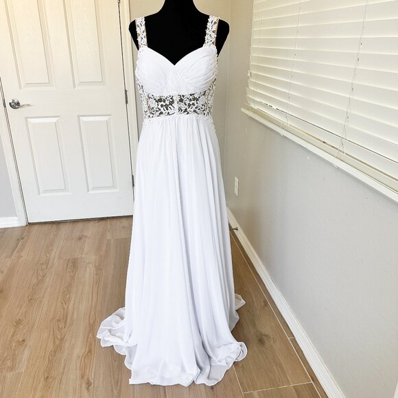 WHITE A-LINE/SWEETHEART NECKLINE CHIFFON WEDDING DRESS WITH LACE TOP & CRYSTALS - Picture 5 of 17